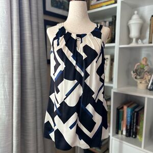 White House Black Market Navy and Cream Geometric Blouse